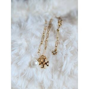 TORY BURCH Double T Logo Pearl Charm Paperclip Necklace